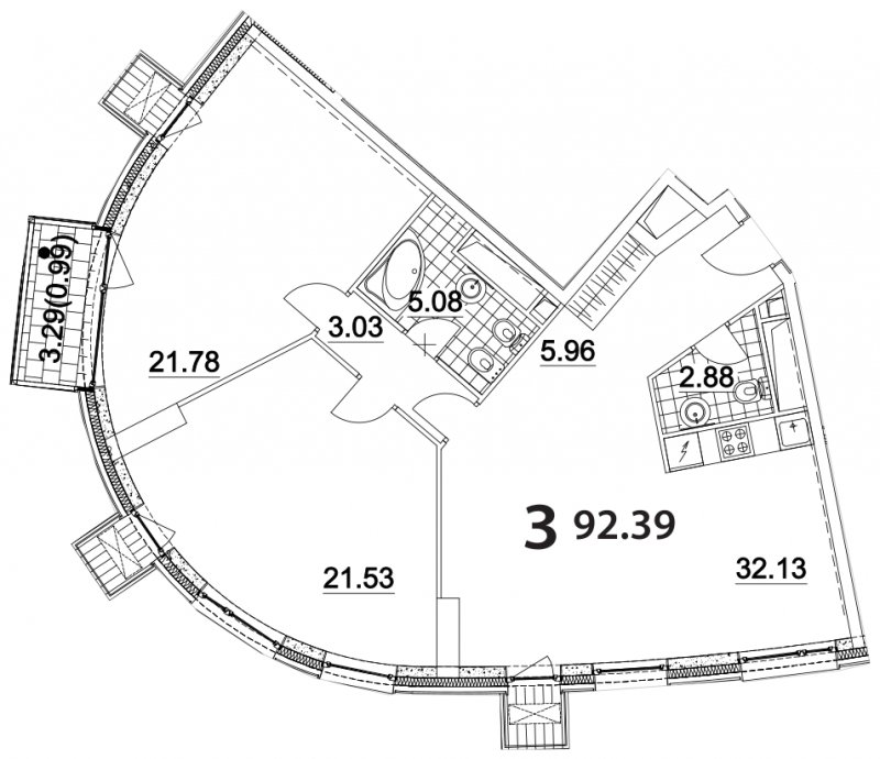 3-комнатная квартира (евро) без отделки, 92.39 м2, 8 этаж, дом сдан, ЖК Апарт-комплекс Nakhimov, корпус 3 - объявление 1330685 - фото №1