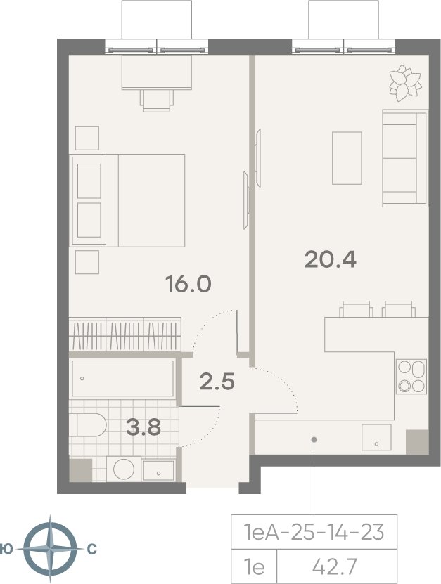 1-комнатная квартира 42.7 м2, 21 этаж, сдача 3 квартал 2025 г., ЖК Парксайд, корпус 1 - объявление 2185036 - фото №1