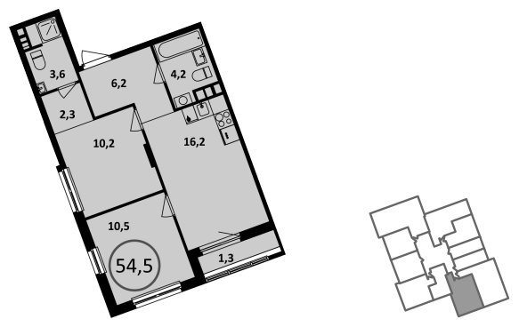 2-комнатная квартира без отделки, 54.5 м2, 16 этаж, дом сдан, ЖК Испанские кварталы, корпус 6.4 - объявление 1886175 - фото №1