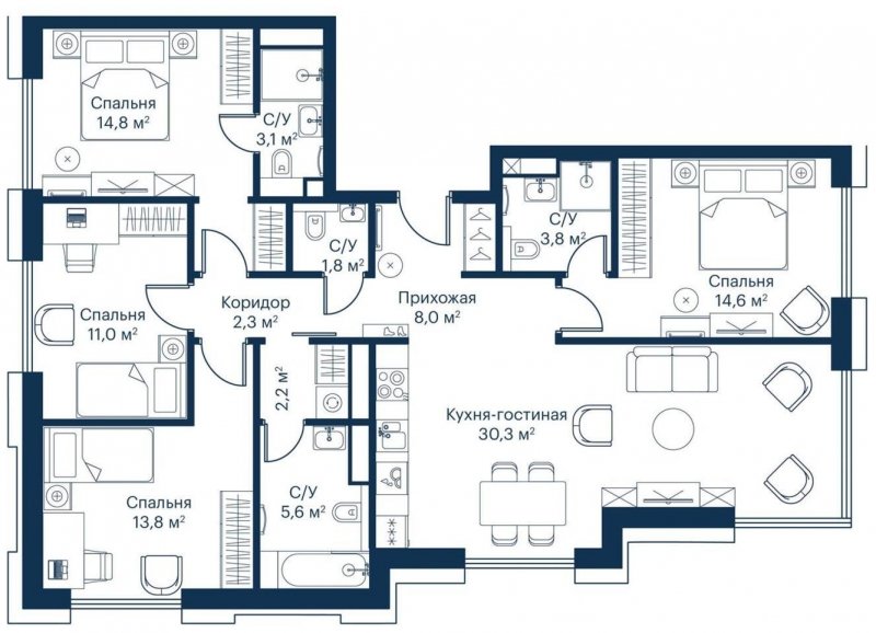 4-комнатная квартира с частичной отделкой, 111.39 м2, 10 этаж, сдача 2 квартал 2023 г., ЖК City Bay, корпус Indian Ocean 3 - объявление 1671627 - фото №1