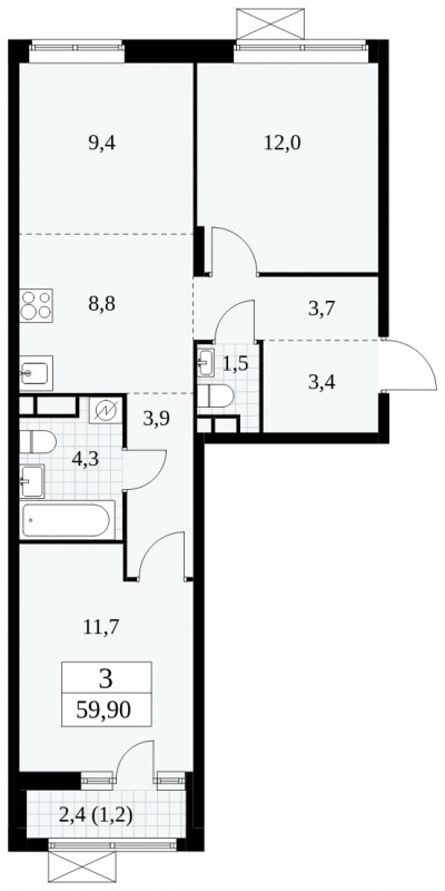 3-комнатная квартира (евро) без отделки, 59.9 м2, 8 этаж, сдача 1 квартал 2025 г., ЖК Прокшино, корпус 5.1.3 - объявление 1810696 - фото №1