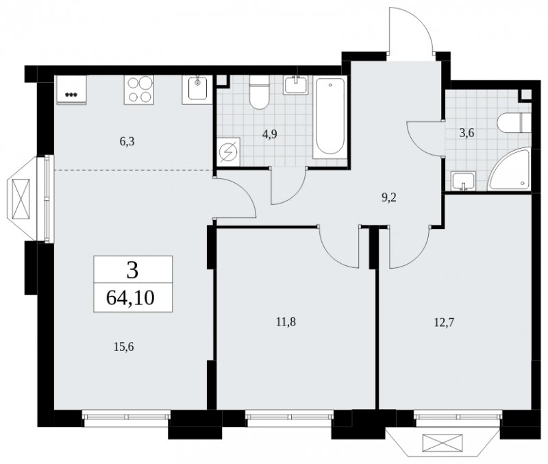 3-комнатная квартира (евро) с полной отделкой, 64.1 м2, 2 этаж, сдача 2 квартал 2025 г., ЖК Бунинские кварталы, корпус 1.2 - объявление 1834471 - фото №1