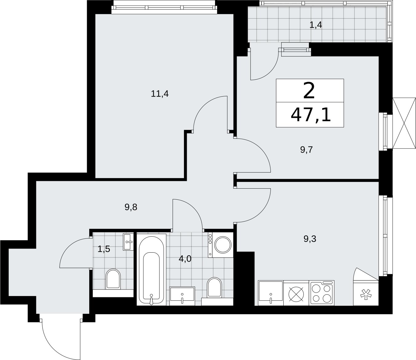 2-комнатная квартира без отделки, 47.1 м2, 13 этаж, сдача 2 квартал 2026 г., ЖК Бунинские кварталы, корпус 7.3 - объявление 2313718 - фото №1