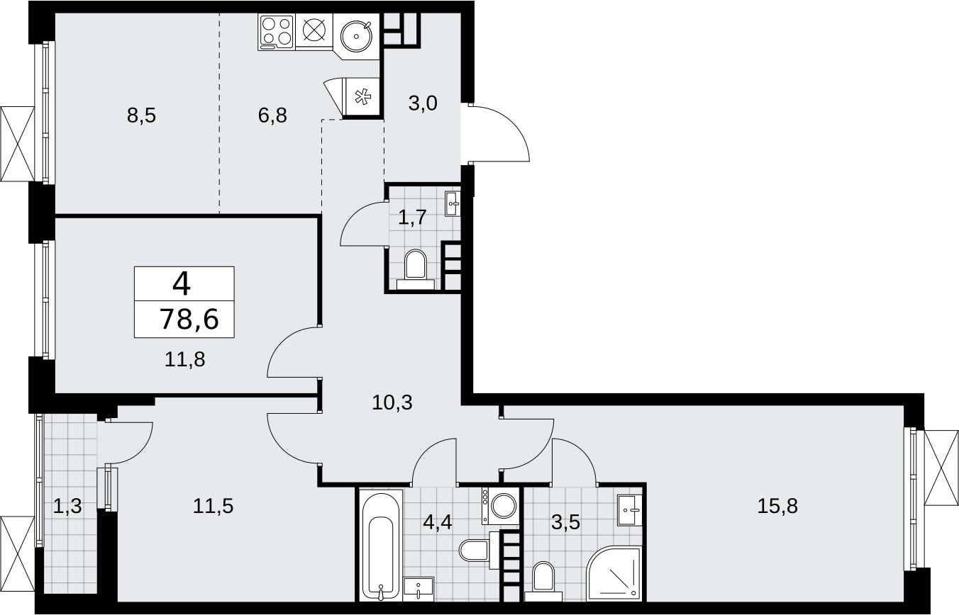 4-комнатная квартира (евро) с частичной отделкой, 78.6 м2, 4 этаж, сдача 2 квартал 2026 г., ЖК Бунинские кварталы, корпус 5.1 - объявление 2297002 - фото №1
