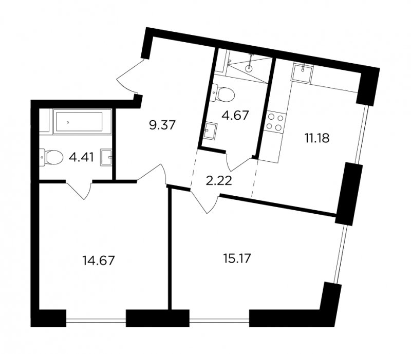 2-комнатная квартира без отделки, 61.69 м2, 13 этаж, сдача 4 квартал 2023 г., ЖК FORIVER, корпус 8 - объявление 1812487 - фото №1