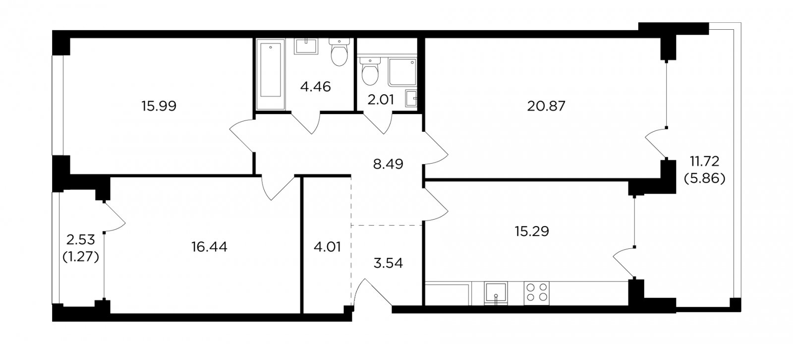 3-комнатная квартира без отделки, 98.23 м2, 16 этаж, дом сдан, ЖК RiverSky, корпус 8 - объявление 2317437 - фото №1