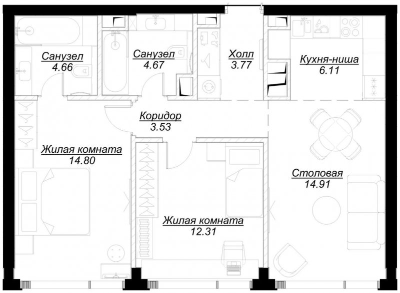 2-комнатная квартира с частичной отделкой, 64.62 м2, 45 этаж, сдача 4 квартал 2024 г., ЖК MOD, корпус Mod.D - объявление 1788358 - фото №1