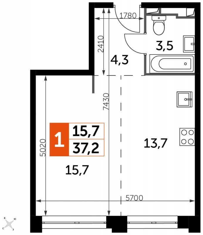 1-комнатная квартира с частичной отделкой, 37.2 м2, 31 этаж, сдача 1 квартал 2023 г., ЖК Sydney City, корпус 3 - объявление 1664159 - фото №1