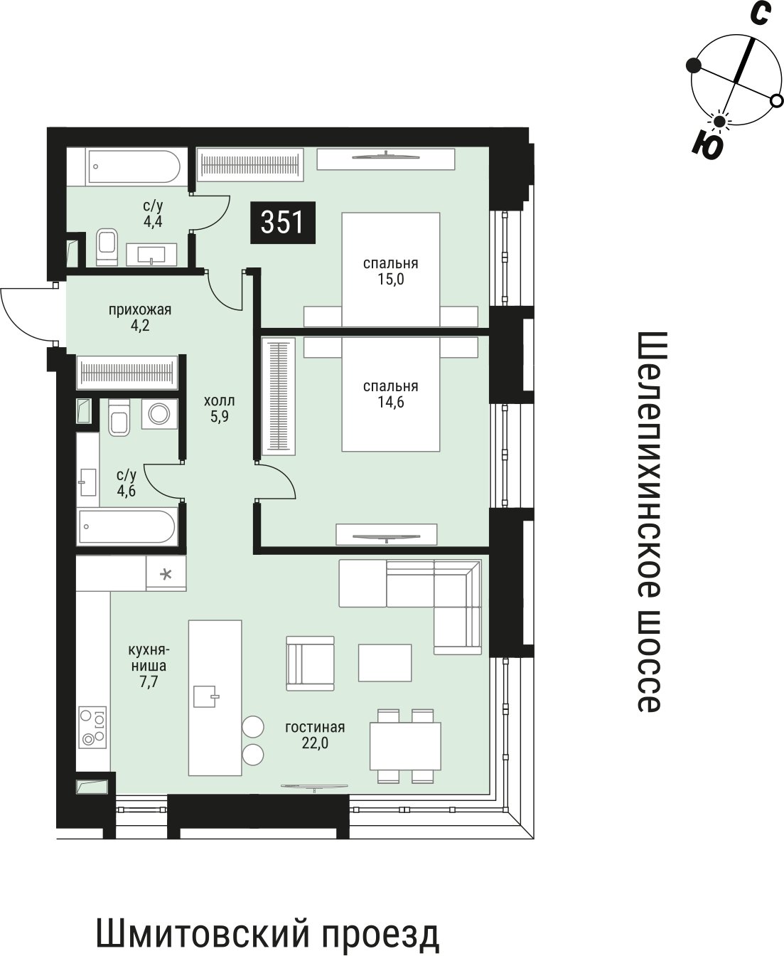 2-комнатная квартира без отделки, 78.4 м2, 3 этаж, сдача 2 квартал 2026 г., ЖК Шелепиха, корпус 1 - объявление 2383622 - фото №1