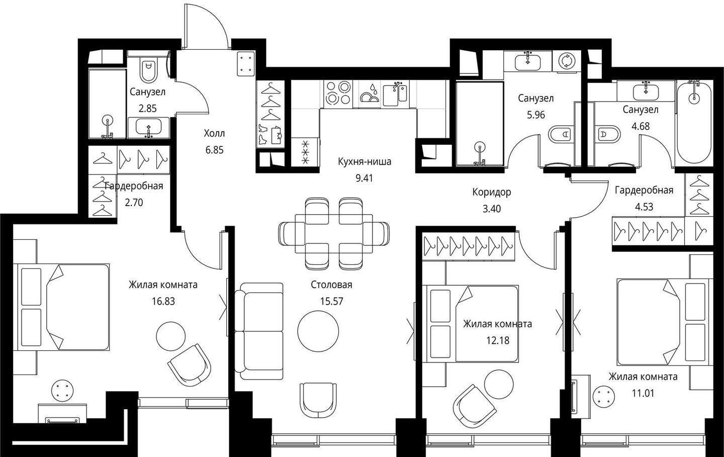 3-комнатная квартира с частичной отделкой, 95.97 м2, 8 этаж, сдача 3 квартал 2026 г., ЖК City Bay, корпус North Ocean 6 - объявление 2240683 - фото №1