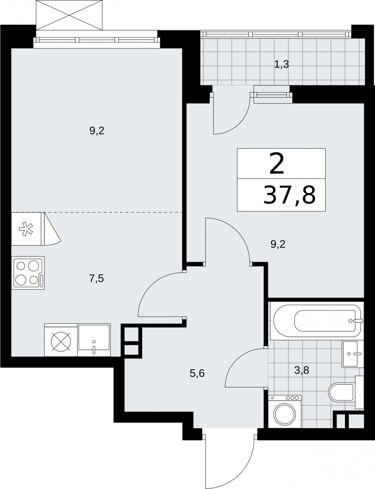 2-комнатная квартира (евро) без отделки, 37.8 м2, 3 этаж, сдача 2 квартал 2026 г., ЖК Бунинские кварталы, корпус 5.4 - объявление 2297767 - фото №1