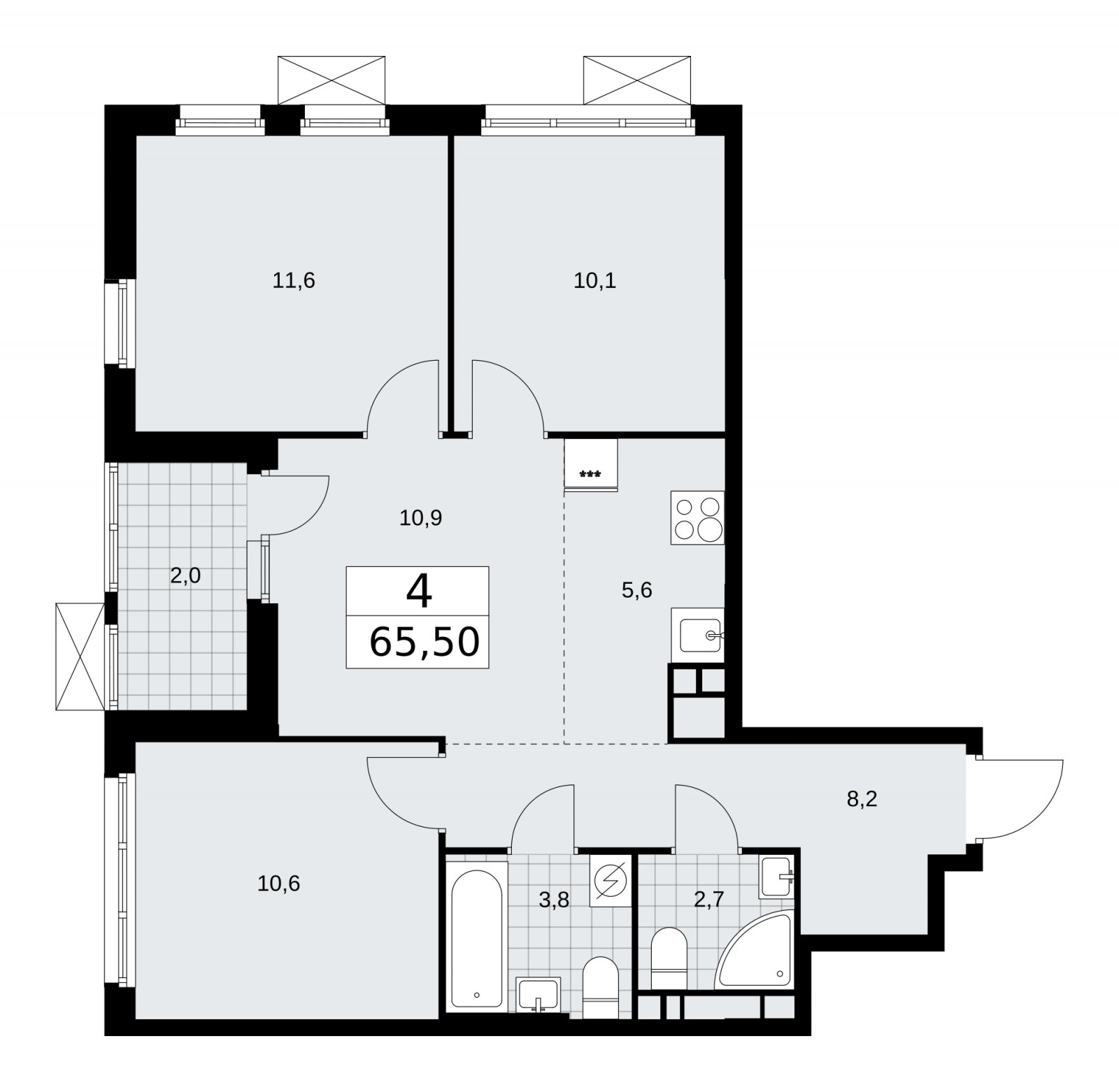 4-комнатная квартира (евро) с частичной отделкой, 65.5 м2, 13 этаж, сдача 4 квартал 2025 г., ЖК Бунинские кварталы, корпус 3.5 - объявление 2152222 - фото №1
