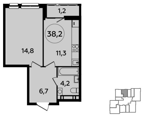 1-комнатная квартира без отделки, 38.2 м2, 21 этаж, сдача 1 квартал 2024 г., ЖК Южные сады, корпус 1.4 - объявление 1512610 - фото №1