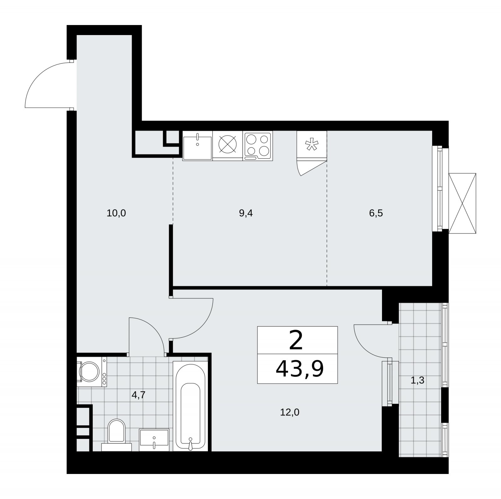 2-комнатная квартира (евро) без отделки, 43.9 м2, 12 этаж, сдача 4 квартал 2025 г., ЖК Прокшино, корпус 11.1.4 - объявление 2257633 - фото №1