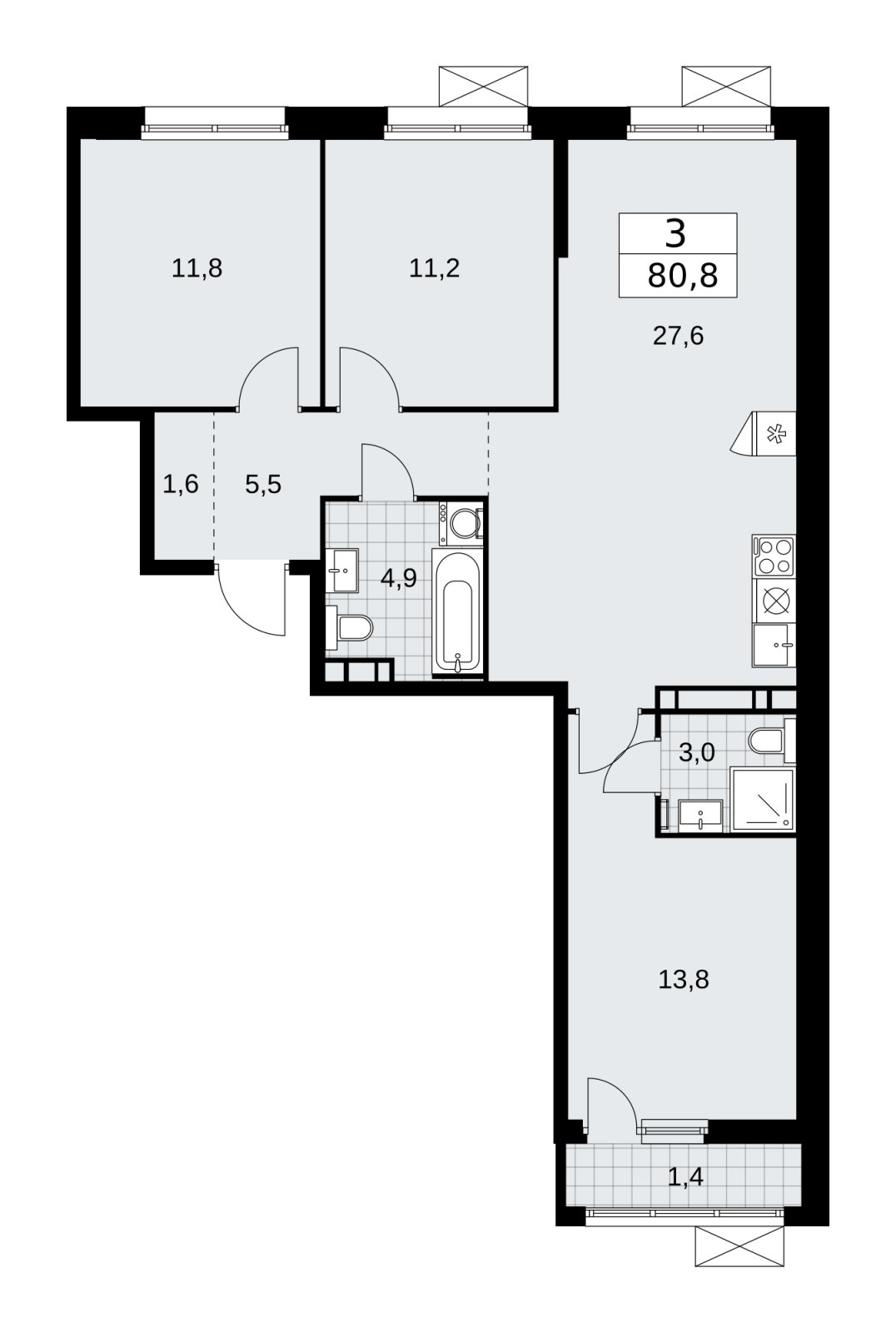 3-комнатная квартира без отделки, 80.8 м2, 10 этаж, сдача 2 квартал 2026 г., ЖК Скандинавия, корпус 25.4 - объявление 2284061 - фото №1