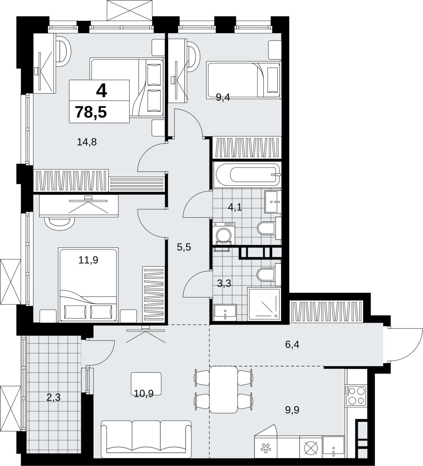 4-комнатная квартира (евро) с полной отделкой, 78.5 м2, 16 этаж, сдача 1 квартал 2027 г., ЖК Скандинавия, корпус 2.18.2.3 - объявление 2351456 - фото №1