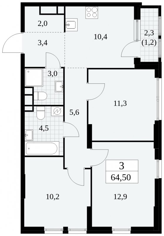 3-комнатная квартира с полной отделкой, 64.5 м2, 11 этаж, сдача 2 квартал 2025 г., ЖК Южные сады, корпус 2.2 - объявление 1757529 - фото №1