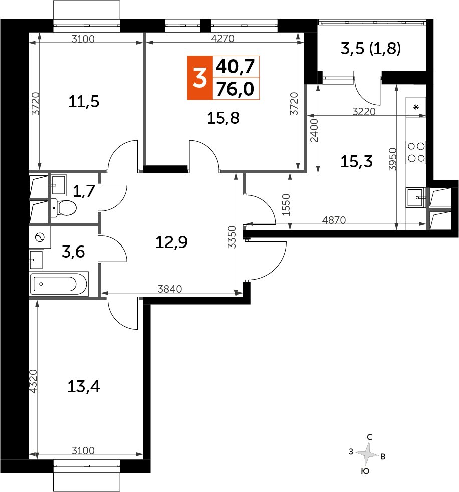 3-комнатная квартира без отделки, 76 м2, 6 этаж, дом сдан, ЖК UP-квартал Римский, корпус 7 - объявление 2359912 - фото №1