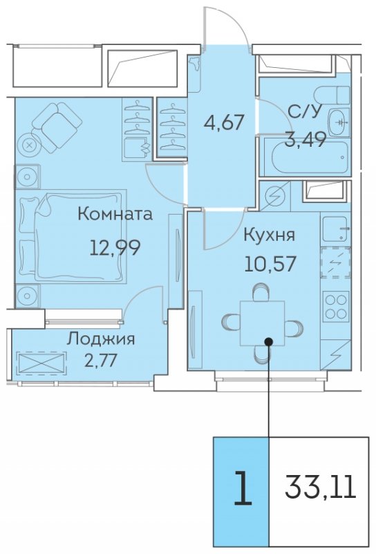1-комнатная квартира с частичной отделкой, 33.11 м2, 16 этаж, сдача 3 квартал 2023 г., ЖК Аквилон BESIDE, корпус 1 - объявление 1419223 - фото №1
