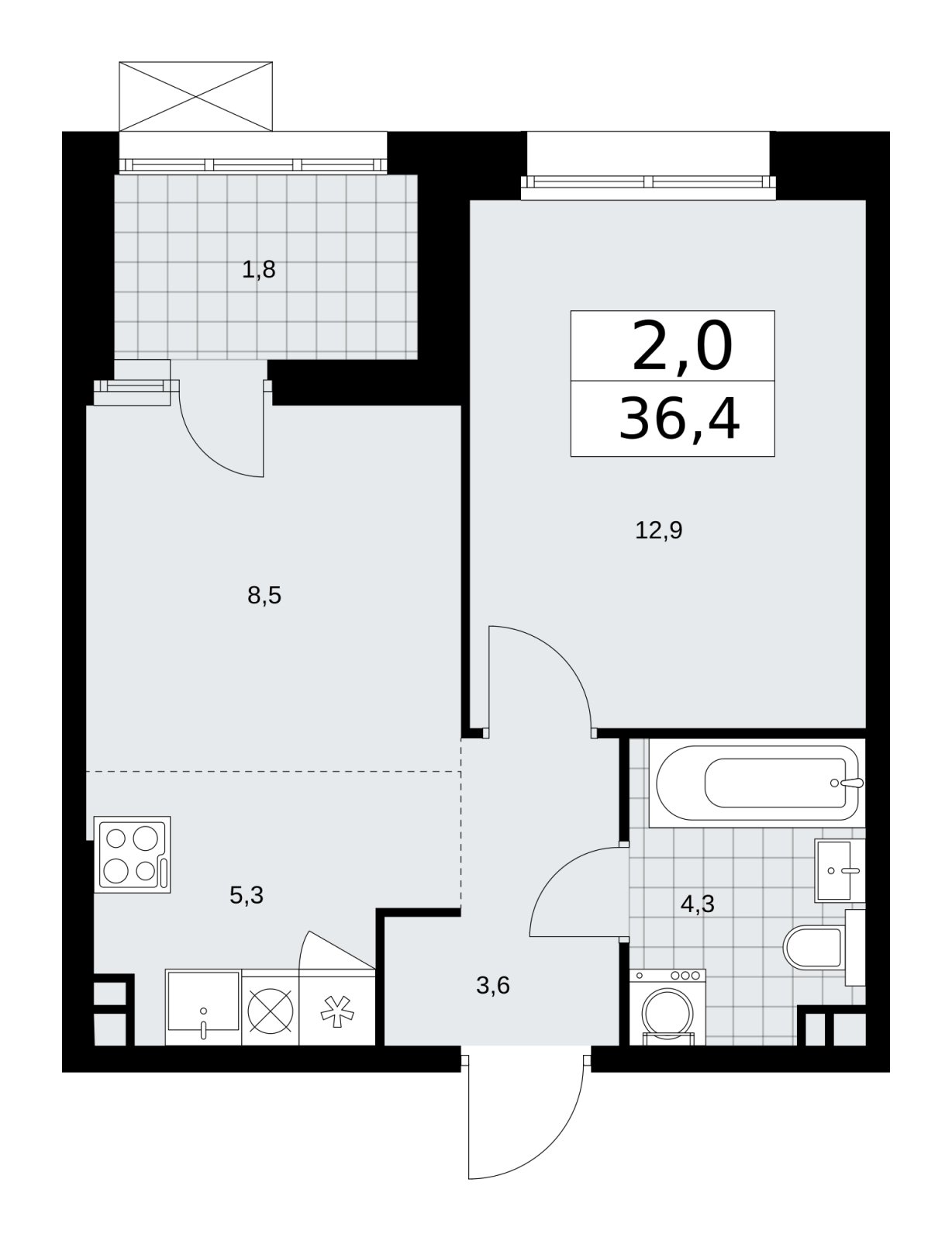 2-комнатная квартира (евро) без отделки, 36.4 м2, 3 этаж, сдача 4 квартал 2025 г., ЖК Бунинские кварталы, корпус 6.5 - объявление 2252752 - фото №1