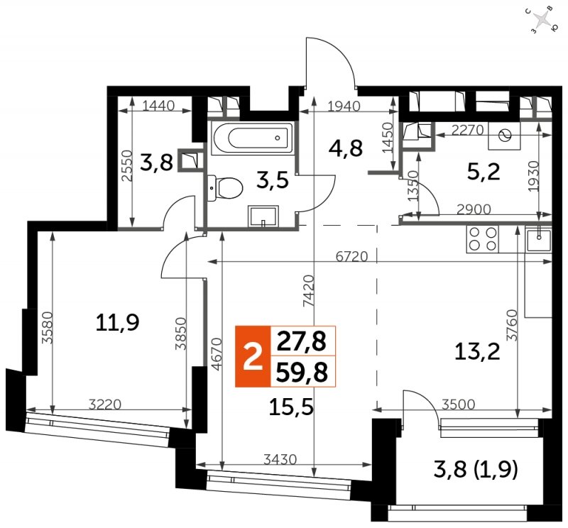2-комнатная квартира с частичной отделкой, 59.8 м2, 7 этаж, сдача 4 квартал 2024 г., ЖК ROTTERDAM, корпус 2.3 - объявление 1652441 - фото №1