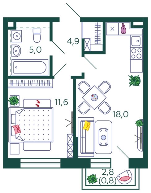 1-комнатная квартира без отделки, 39.4 м2, 9 этаж, сдача 4 квартал 2023 г., ЖК SHAGAL, корпус 1.4 - объявление 1699167 - фото №1
