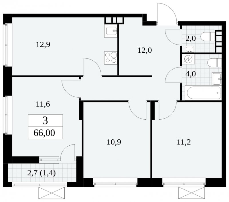 3-комнатная квартира с частичной отделкой, 66 м2, 7 этаж, сдача 1 квартал 2025 г., ЖК Прокшино, корпус 5.2.2 - объявление 1751168 - фото №1