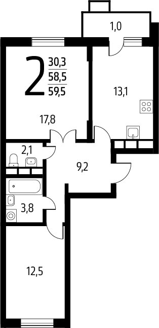 2-комнатная квартира с полной отделкой, 59.5 м2, 7 этаж, сдача 1 квартал 2025 г., ЖК Новые Ватутинки. Заречный, корпус 5/1 - объявление 2272114 - фото №1