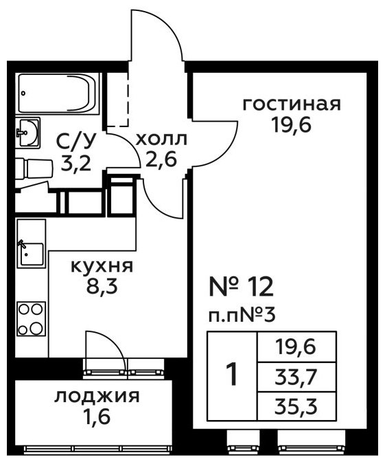 1-комнатная квартира без отделки, 35.3 м2, 3 этаж, сдача 2 квартал 2022 г., ЖК Новоград Павлино, корпус 18 - объявление 1249942 - фото №1