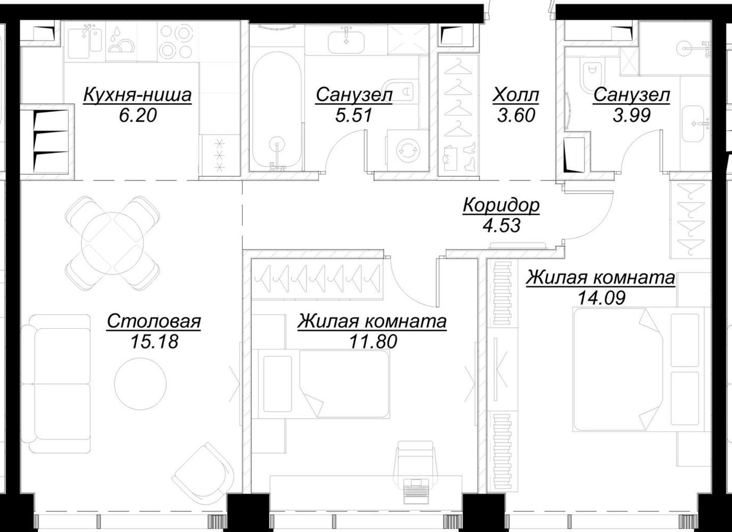 2-комнатная квартира с частичной отделкой, 64.9 м2, 43 этаж, сдача 4 квартал 2024 г., ЖК MOD, корпус Dreiser - объявление 2191579 - фото №1