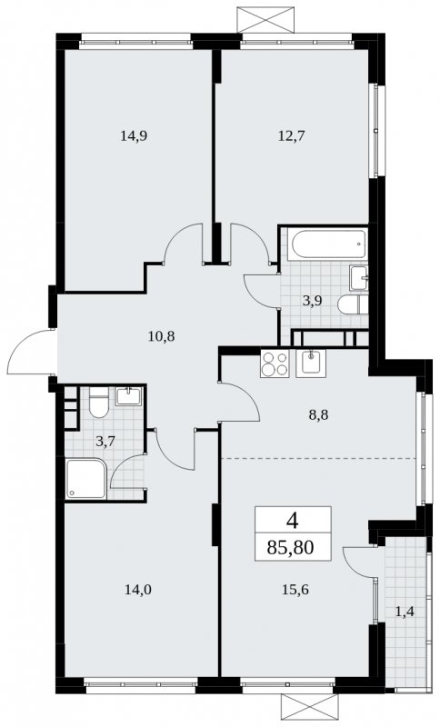 4-комнатная квартира (евро) с частичной отделкой, 85.8 м2, 8 этаж, сдача 4 квартал 2024 г., ЖК Скандинавия, корпус 35.1.3 - объявление 1779638 - фото №1