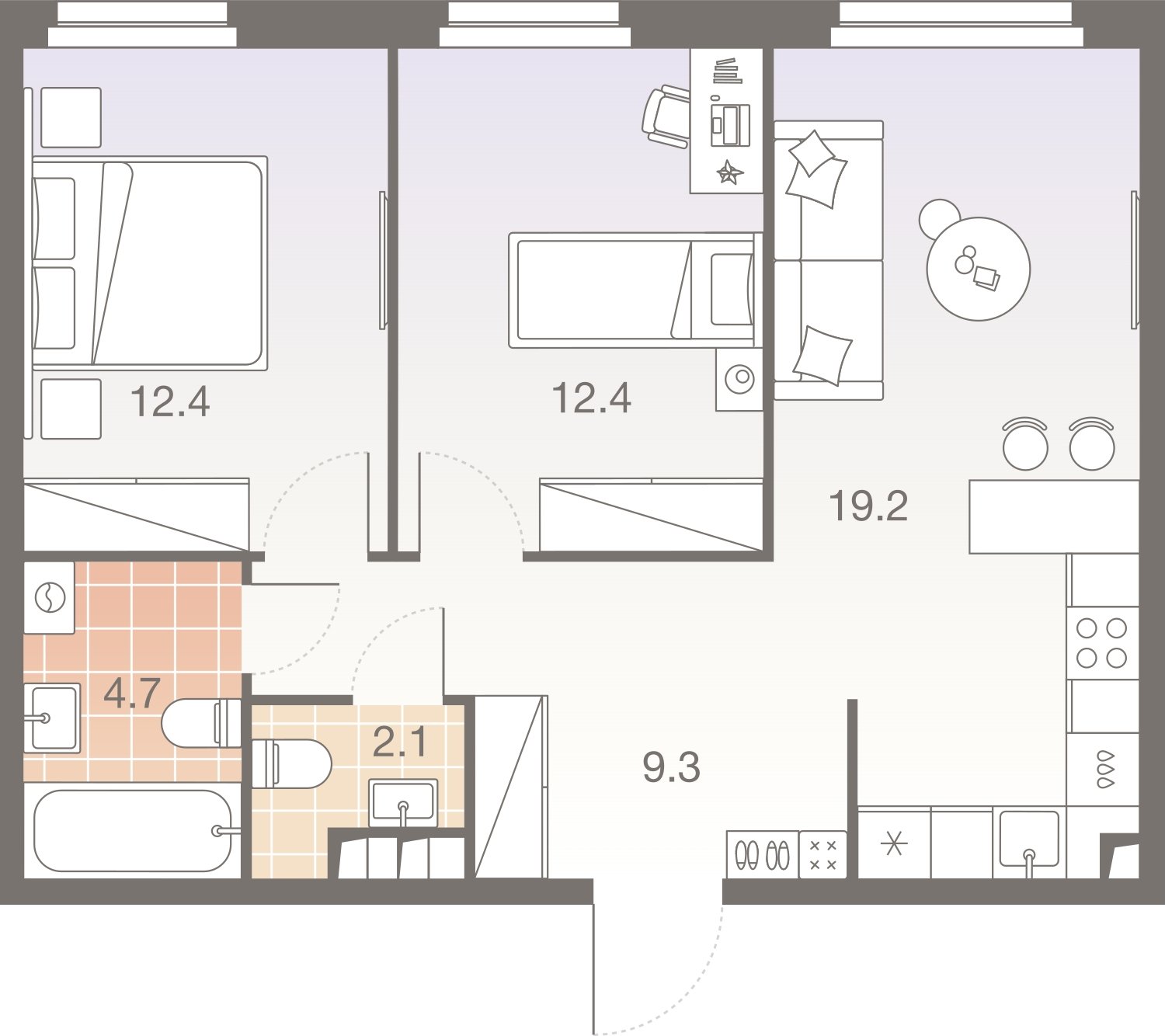 3-комнатная квартира без отделки, 60.1 м2, 17 этаж, сдача 1 квартал 2026 г., ЖК Twelve, корпус 1 - объявление 2372467 - фото №1