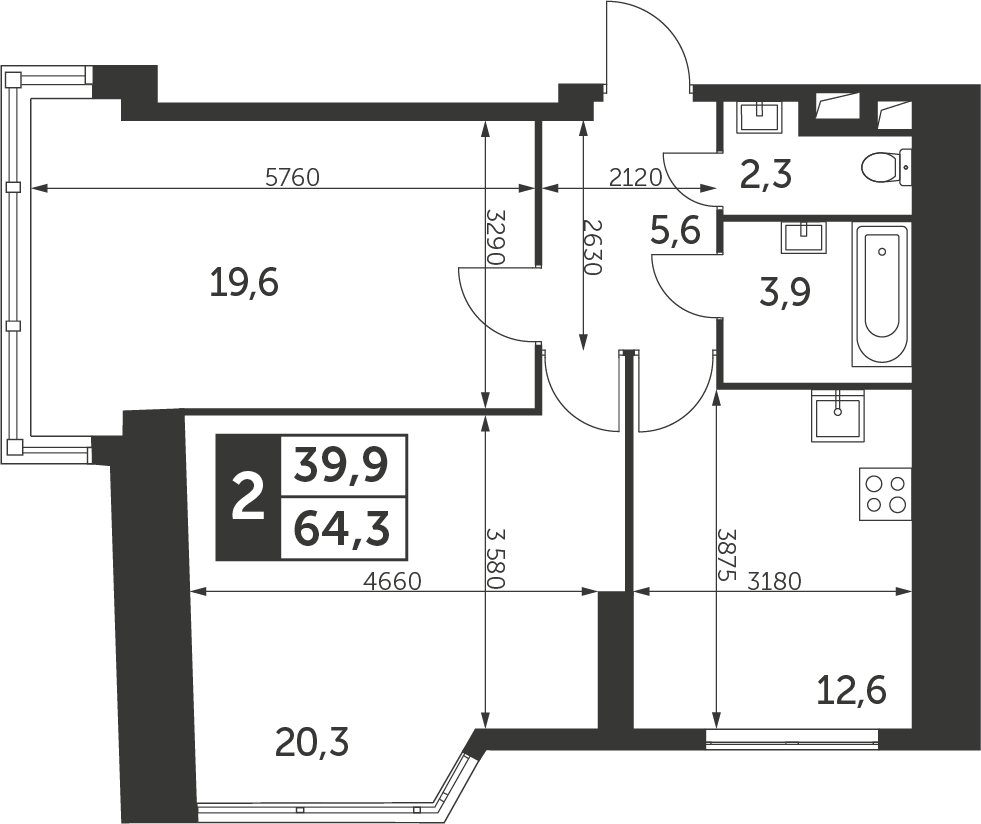 2-комнатная квартира с частичной отделкой, 64.3 м2, 24 этаж, дом сдан, ЖК Архитектор, корпус 2 - объявление 2425089 - фото №1