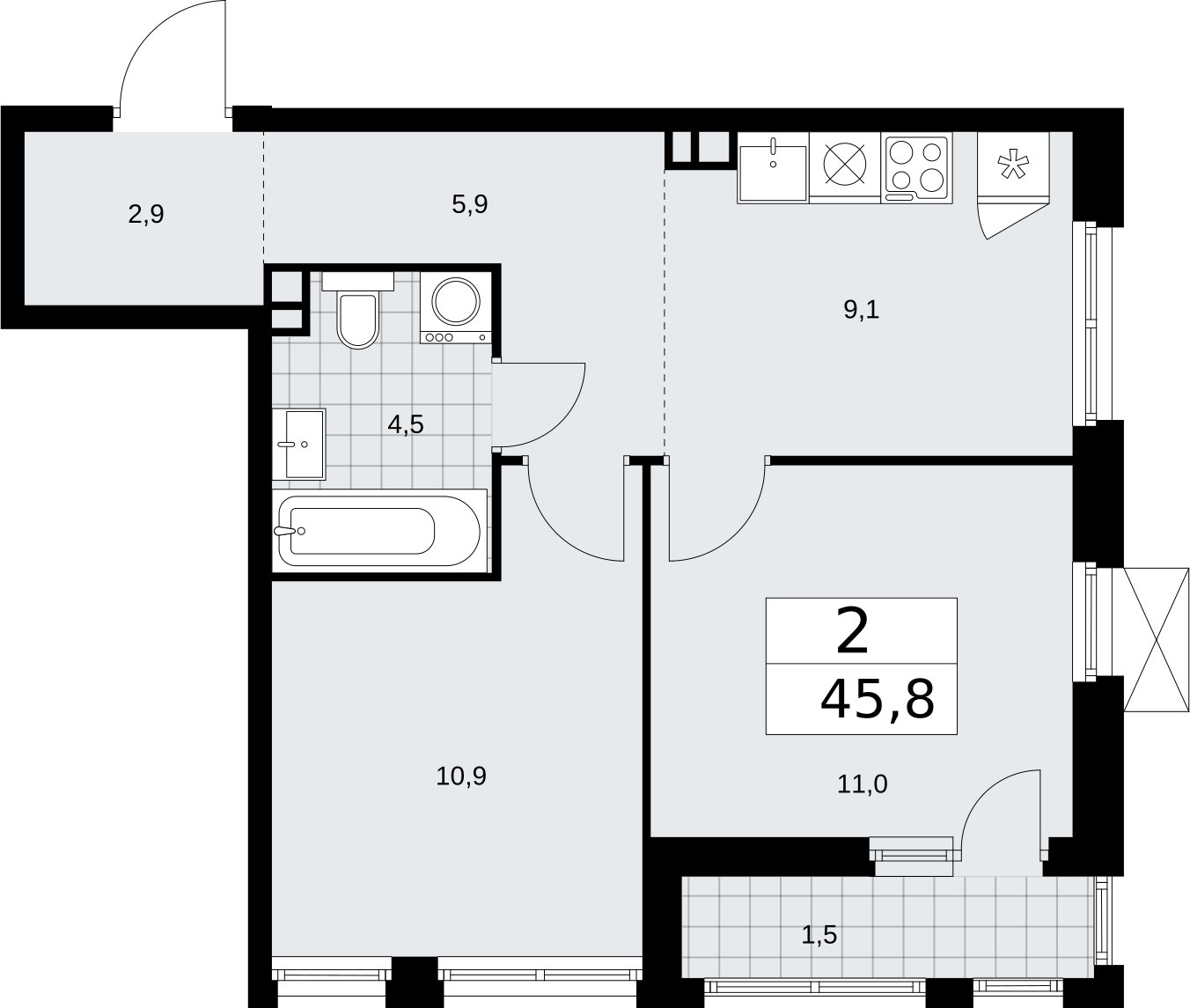 2-комнатная квартира с частичной отделкой, 45.8 м2, 3 этаж, сдача 2 квартал 2026 г., ЖК Бунинские кварталы, корпус 5.1 - объявление 2297278 - фото №1