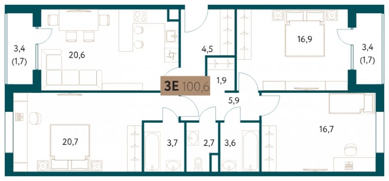 3-комнатная квартира 100.6 м2, 2 этаж, сдача 4 квартал 2022 г., ЖК Настоящее, корпус 1 - объявление 1750284 - фото №1