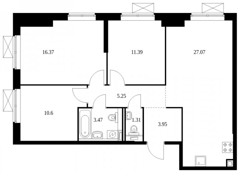 3-комнатная квартира с полной отделкой, 80.1 м2, 27 этаж, сдача 2 квартал 2023 г., ЖК Новохохловская 15, корпус 2 - объявление 1967865 - фото №1