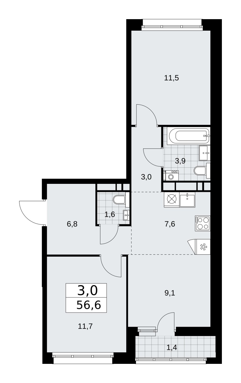 3-комнатная квартира (евро) без отделки, 56.6 м2, 10 этаж, сдача 1 квартал 2026 г., ЖК Дзен-кварталы, корпус 3.2 - объявление 2241535 - фото №1