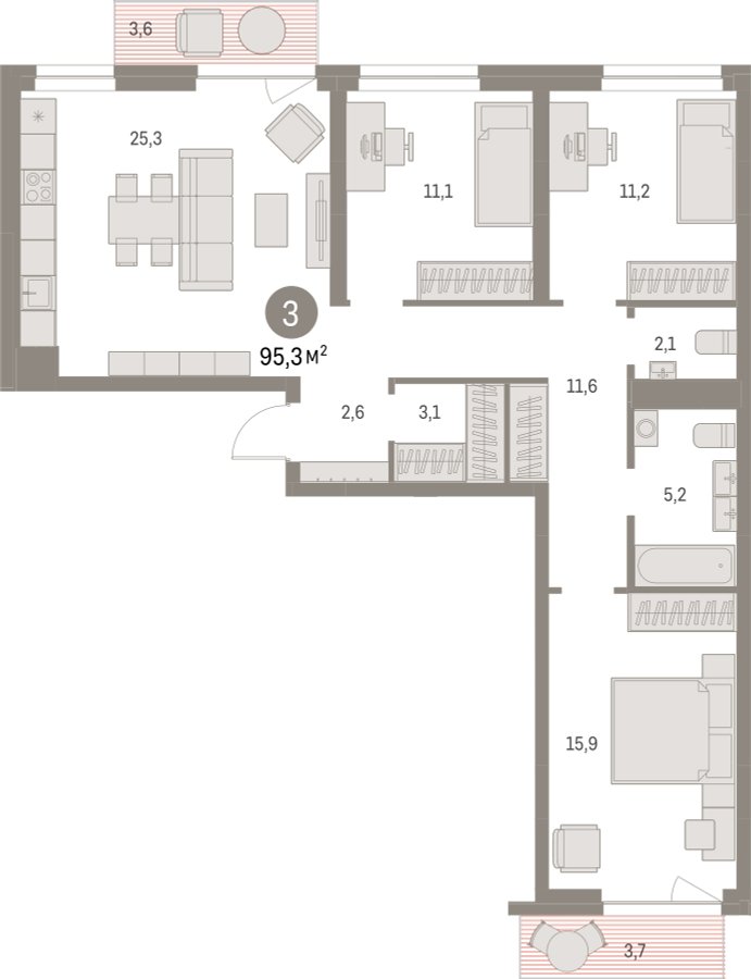 3-комнатная квартира с частичной отделкой, 95.25 м2, 7 этаж, дом сдан, ЖК Первый квартал, корпус 5 - объявление 2262908 - фото №1