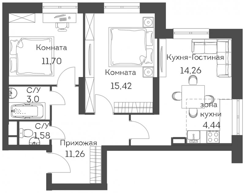 3-комнатная квартира (евро) с частичной отделкой, 61.66 м2, 1 этаж, сдача 2 квартал 2022 г., ЖК Аквилон Митино, корпус 1 - объявление 1641178 - фото №1