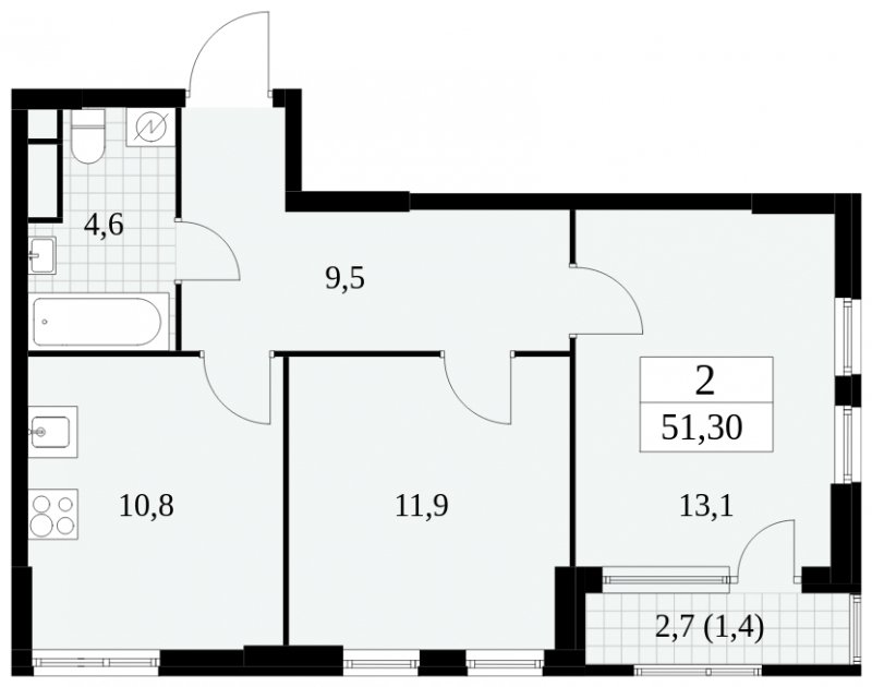 2-комнатная квартира без отделки, 51.3 м2, 9 этаж, сдача 2 квартал 2025 г., ЖК Южные сады, корпус 2.3 - объявление 1758167 - фото №1