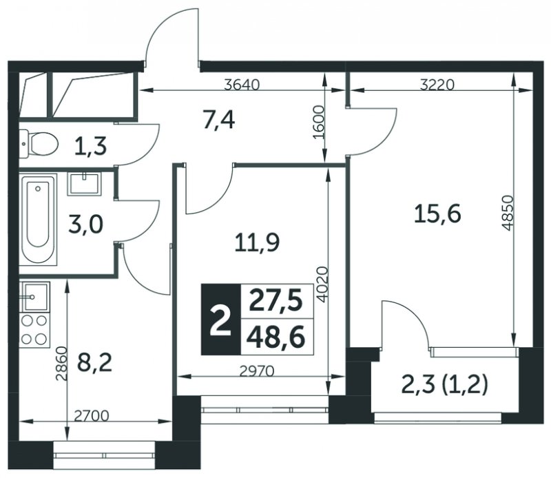 2-комнатная квартира без отделки, 48.3 м2, 20 этаж, сдача 2 квартал 2022 г., ЖК Датский квартал, корпус 4 - объявление 1677780 - фото №1