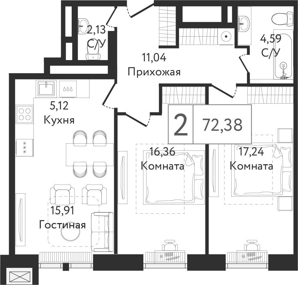 2-комнатная квартира без отделки, 73.8 м2, 9 этаж, дом сдан, ЖК Dream Towers, корпус 1 - объявление 2281360 - фото №1