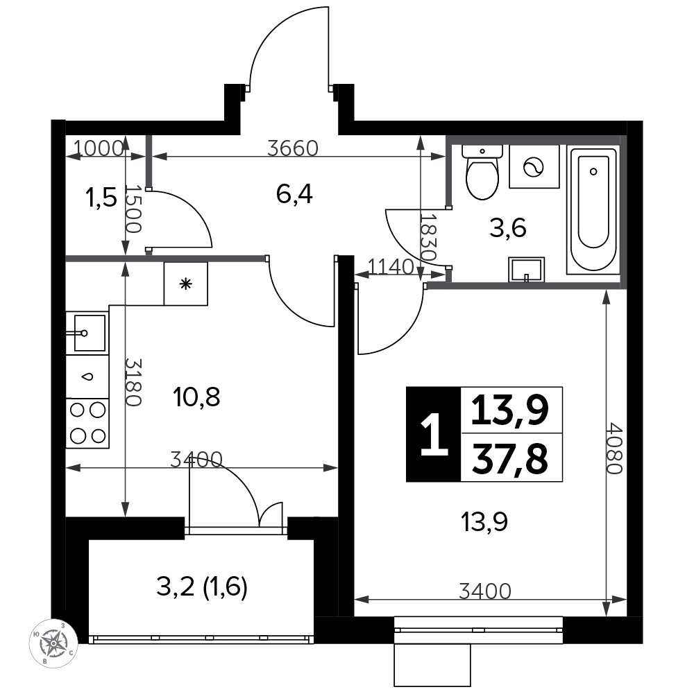 1-комнатная квартира без отделки, 37.9 м2, 4 этаж, дом сдан, ЖК Южная Битца, корпус 11 - объявление 2401670 - фото №1