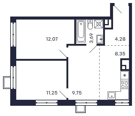 2-комнатная квартира без отделки, 49.39 м2, 21 этаж, сдача 2 квартал 2025 г., ЖК Квартал Тетрис, корпус "Квартал Тетрис 2.1" - объявление 2378992 - фото №1