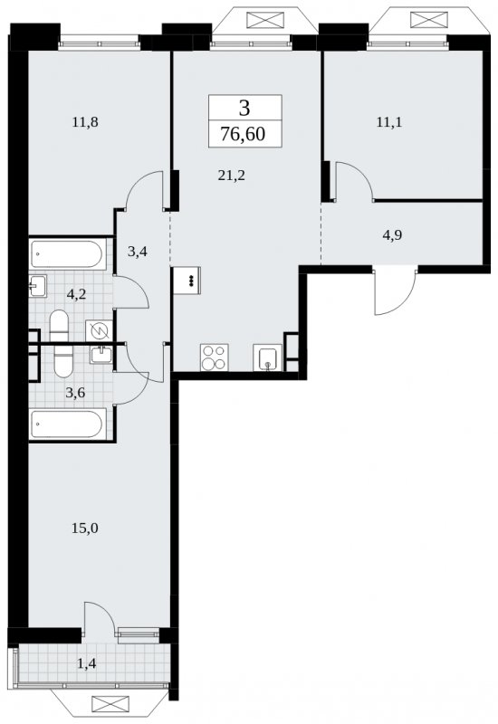 3-комнатная квартира с частичной отделкой, 76.6 м2, 4 этаж, сдача 4 квартал 2024 г., ЖК Бунинские кварталы, корпус 1.2 - объявление 1834327 - фото №1