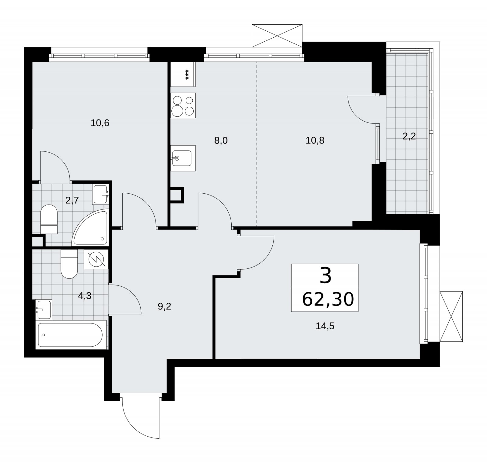 3-комнатная квартира (евро) без отделки, 62.3 м2, 2 этаж, сдача 3 квартал 2025 г., ЖК Бунинские кварталы, корпус 3.2 - объявление 2151811 - фото №1