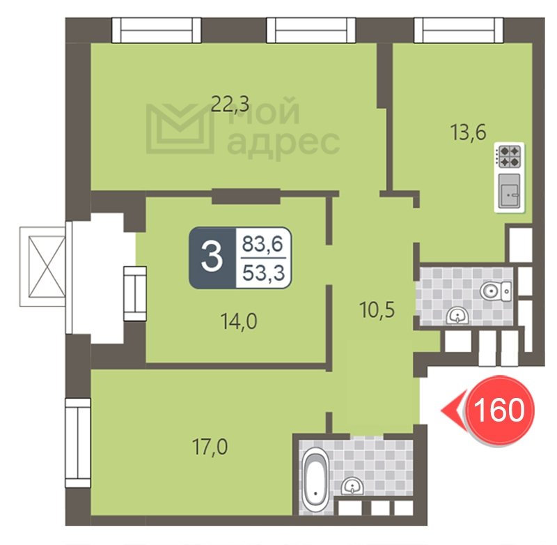 3-комнатная квартира с полной отделкой, 83.6 м2, 21 этаж, дом сдан, ЖК мой адрес На Береговом, корпус Южный квартал - объявление 1866959 - фото №1