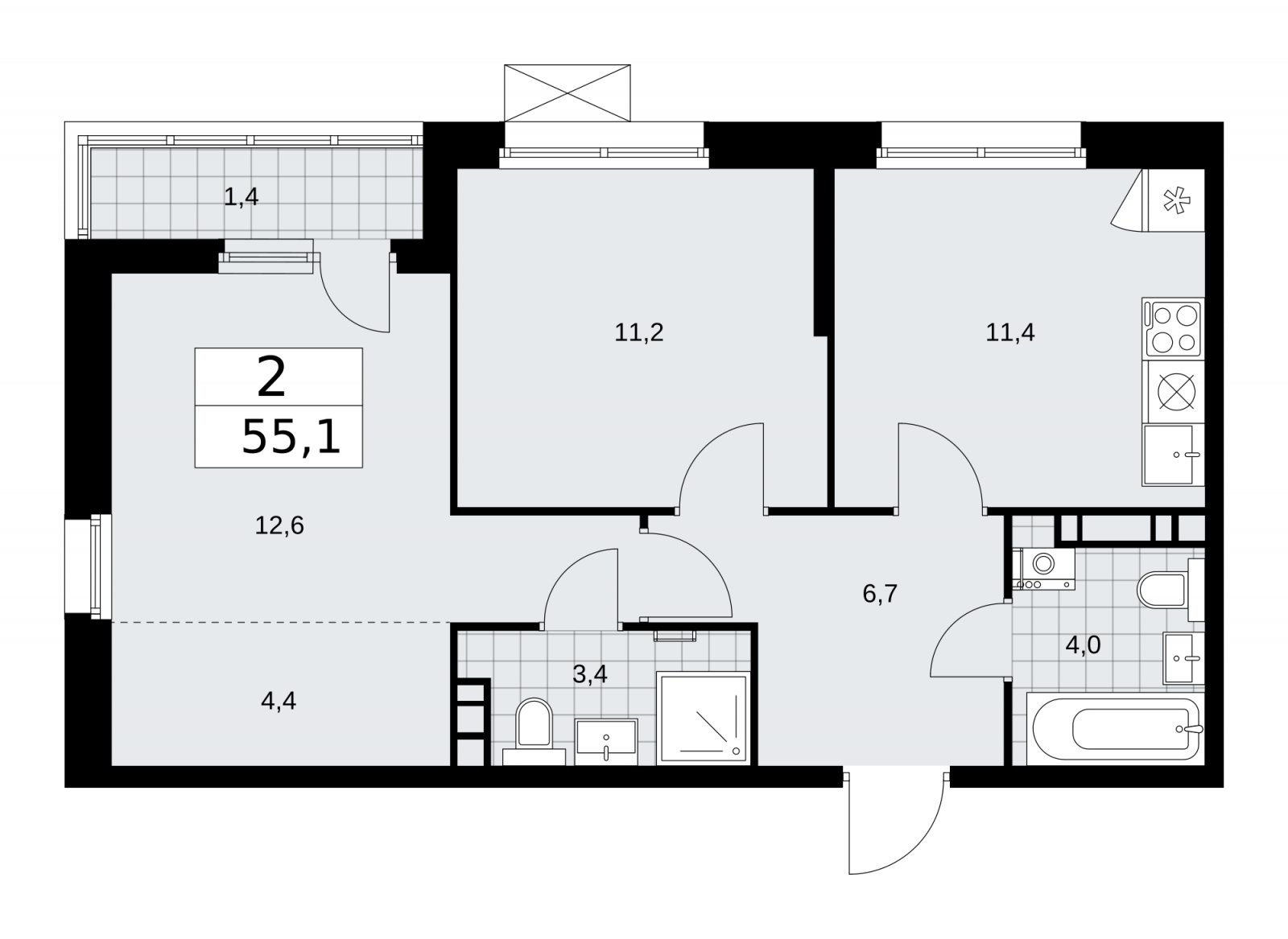 2-комнатная квартира без отделки, 55.1 м2, 7 этаж, сдача 2 квартал 2026 г., ЖК Скандинавия, корпус 25.4 - объявление 2284048 - фото №1