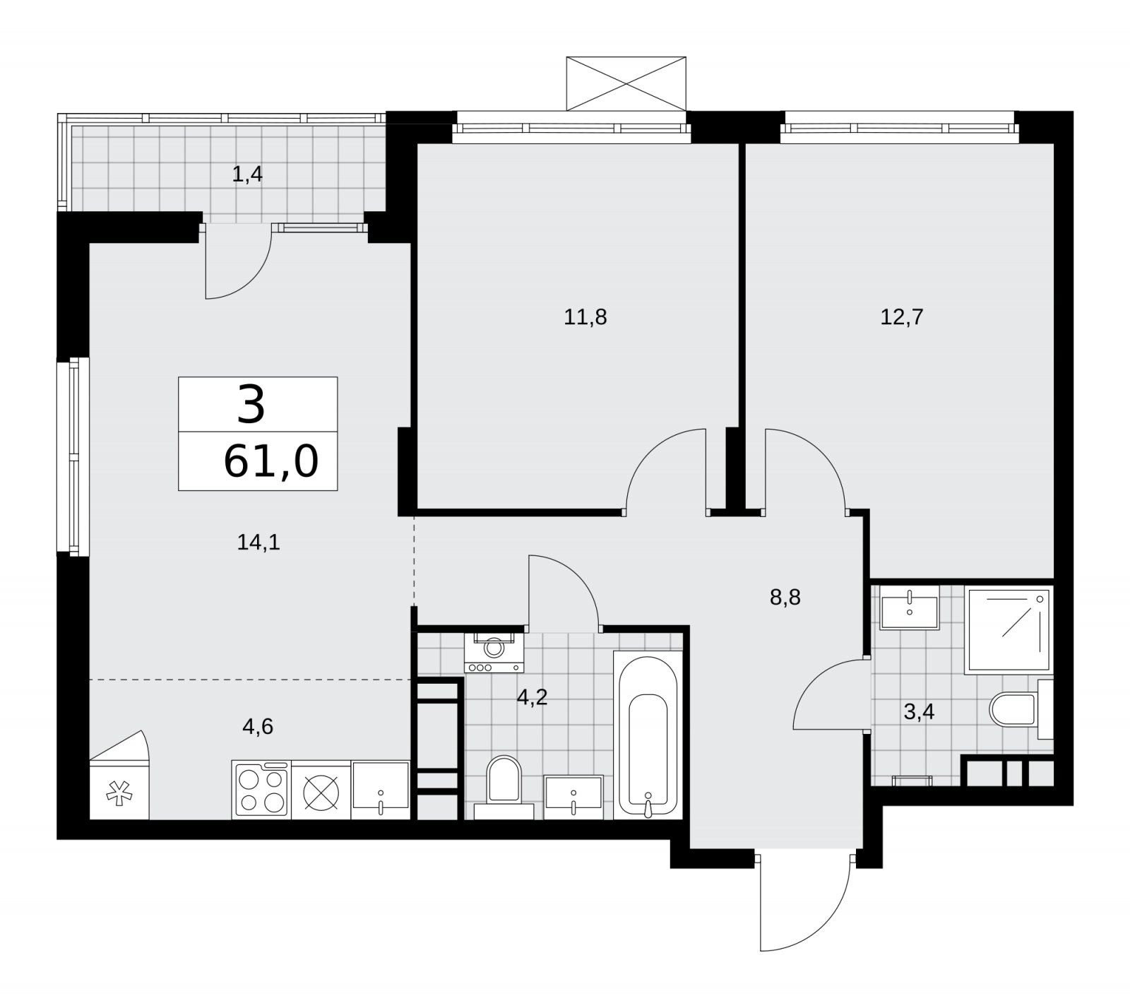 3-комнатная квартира (евро) с полной отделкой, 61 м2, 11 этаж, сдача 2 квартал 2026 г., ЖК Деснаречье, корпус 4.8 - объявление 2265053 - фото №1