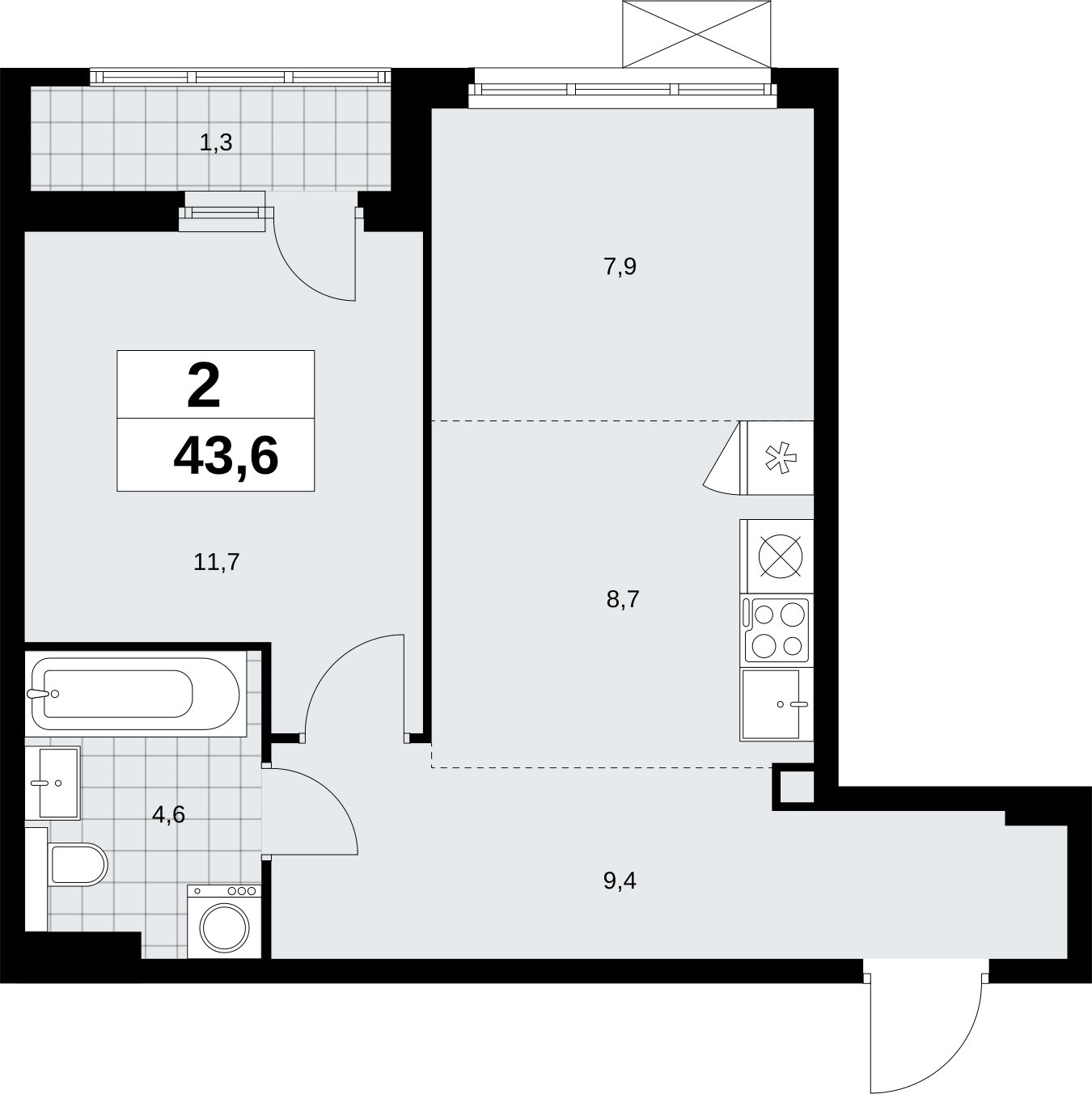 2-комнатная квартира (евро) без отделки, 43.6 м2, 2 этаж, сдача 2 квартал 2026 г., ЖК Бунинские кварталы, корпус 9.1 - объявление 2323887 - фото №1